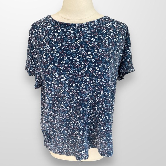 Laura Scott Woman Size 1X Top Shirt Blue Pink Floral Short Sleeve Stretch - Picture 8 of 8